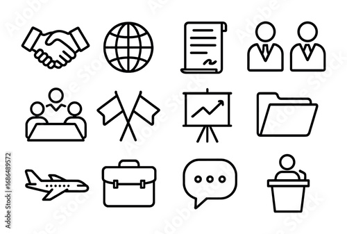 Trade Negotiation Icons. Outline icon set of trade negotiation scenes: handshake, globe, contract, delegates,