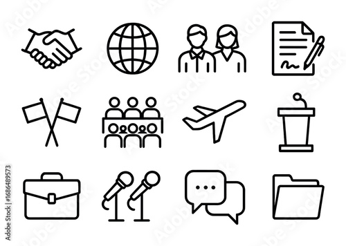 Trade Pact Icons. Outline icon set of trade pact meetings: handshake, globe, delegates, contract, flags,
