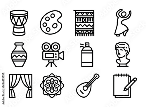 Multicultural Art Icons. Outline icon set of multicultural art fusion: drum, paint palette, ethnic textile,