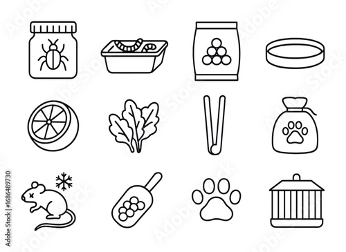 Exotic Pet Feeding Icons. Outline icon set of feeding exotic pets: insect jar, worm tub, pellet bag, water