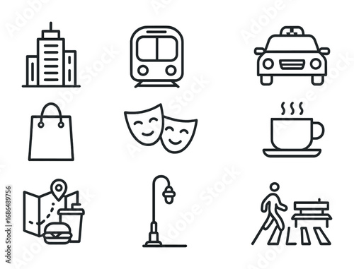 City Guide Icons. Outline icon set of city break guides: skyscraper, metro, taxi, shopping bag, theater mask,