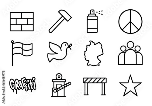 Berlin Wall Icon Set. Outline icon set of the fall of the Berlin Wall: wall bricks, hammer, spray paint, peace