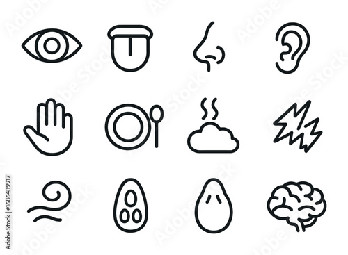 Multisensory Food Icons. Outline icon set of multisensory food perception: eyes, tongue, nose, ear, hand,