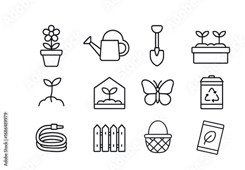 City Garden Icons. Outline icon set of city gardens: flower pot, watering can, shovel, garden bed, plant