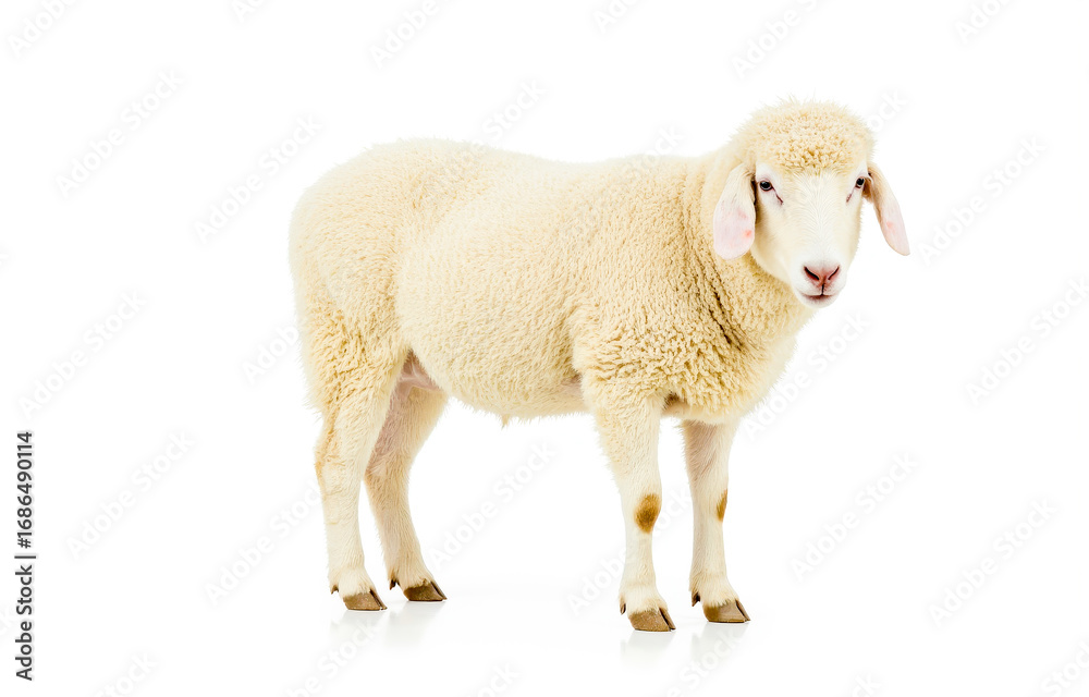Obraz premium Adorable baby lamb standing isolated on white background, cute and fluffy young sheep perfect for Easter or spring season themes