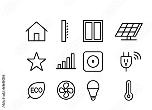 Energy Efficiency Icons. Outline icon set of residential energy efficiency: house, insulated wall,