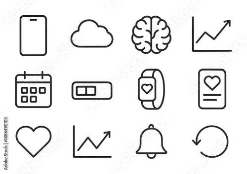 Digital Mental Health Icons. Outline icon set of digital mental health monitoring: smartphone, cloud, brain,