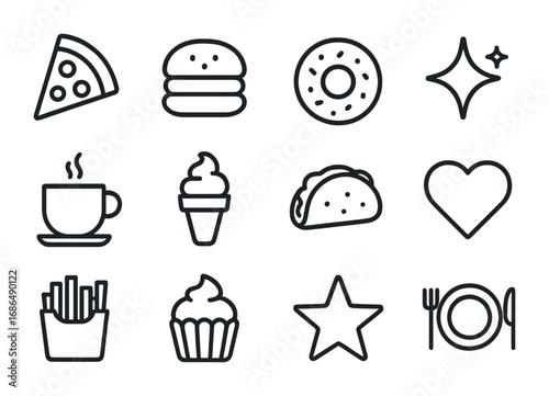 Food Icon Grid. Outline icon set of food filters: pizza slice, burger, donut, sparkle, coffee cup, ice cream,