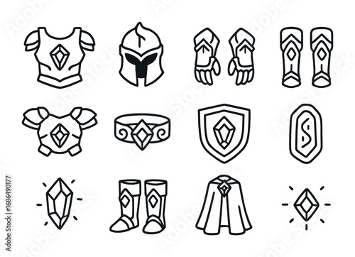 Enchanted Armor Icons. Outline icon set of enchanted armor: breastplate, helmet, gauntlets, greaves, shoulder