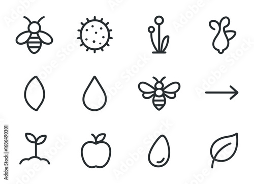 Pollination Icon Set. Outline icon set of pollination process: bee, pollen grain, stamen, pistil, flower petal
