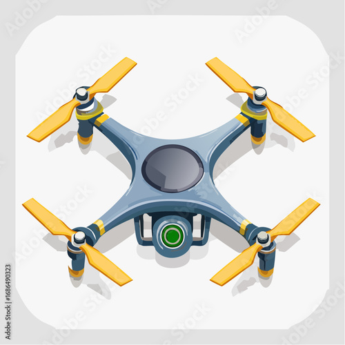 Modern aerial quadcopter drone with an integrated camera for surveillance and photography, a stylized vector icon isolated on a light background