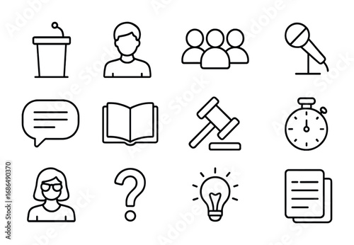 Debate Club Icon Set. Outline icon set of debate club: podium, student, audience, microphone, speech bubble,