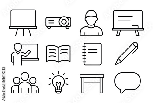 Interactive Learning Icons. Outline icon set of interactive learning: whiteboard, projector, student,