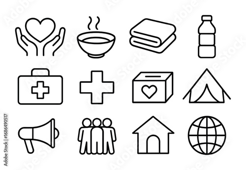 Humanitarian Aid Icons. Outline icon set of humanitarian aid: hands holding heart, food bowl, blanket, water