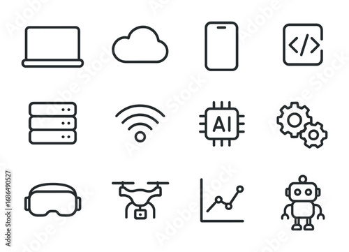 Tech Recovery Icon Set. Outline icon set of technology for recovery: laptop, cloud, smartphone, coding symbol,