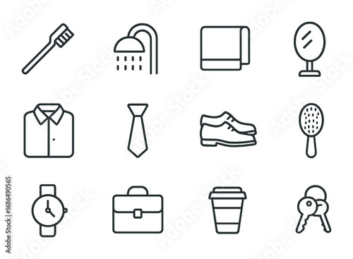 Morning Routine Icons. Outline icon set of morning preparation for work: toothbrush, shower, towel, mirror,