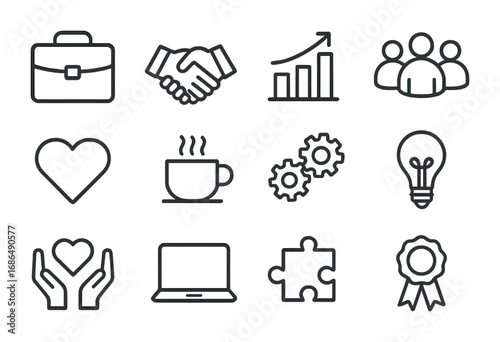 Team Empathy Icons. Outline icon set of team empathy in workplace: briefcase, handshake, chart, group circle,