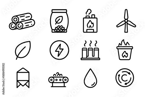 Biomass Energy Icons. Outline icon set of biomass energy: wood logs, pellet bag, biomass furnace, turbine,