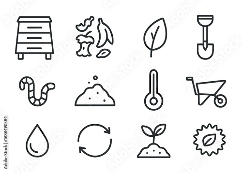 Composting System Icons. Outline icon set of composting systems: compost bin, food scraps, leaf, shovel, worm,