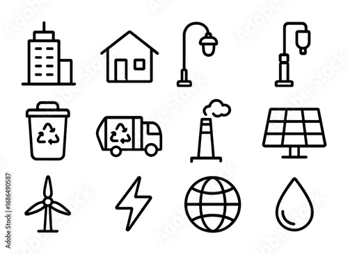 Sustainable City Icons. Outline icon set of sustainable cities powered by waste: skyscraper, house, street