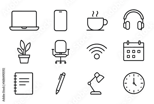 Remote Work Icons. Outline icon set of remote work routine: laptop, smartphone, coffee cup, headphones, plant,