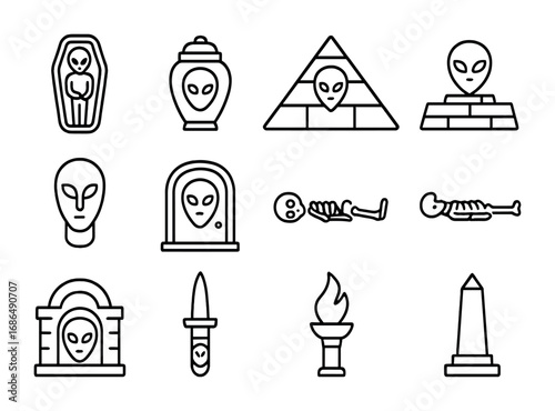 Alien Burial Icons. Outline icon set of alien burial sites: sarcophagus, urn, pyramid, burial mask, tomb door,