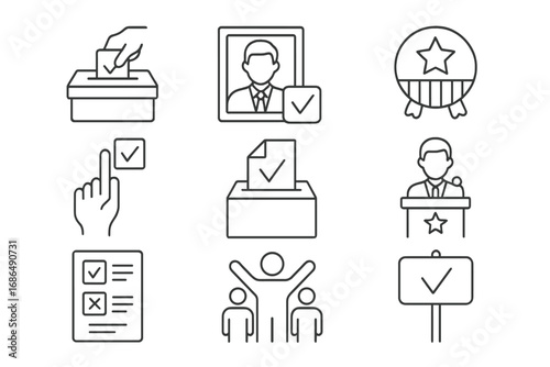Election and voting thin line icon set. Politics, democracy, and government symbols. Vote, ballot box, candidate, debate, and campaign concepts. Vector for web, apps, infographics.
