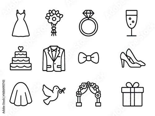 Wedding Icon Set. Outline icon set of wedding seasonal collections: wedding dress, bouquet, ring, champagne