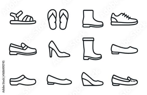 Seasonal Footwear Icons. Outline icon set of seasonal footwear: sandals, flip-flops, boots, sneakers, loafers,
