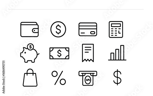 Travel Budget Icons. Outline icon set of family budgeting while traveling: wallet, coin, credit card,