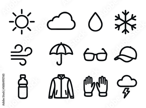 Marathon Weather Icons. Outline icon set of marathon weather conditions: sun, cloud, rain drop, snowflake,