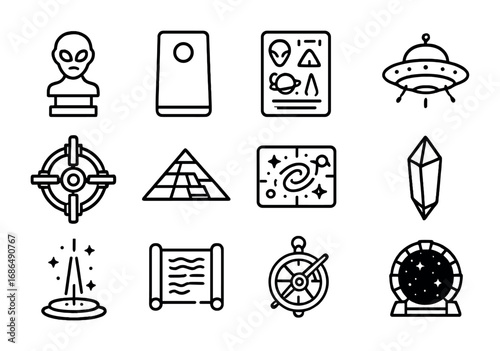 Ancient Space Explorations. Outline icon set of searching for ancient civilizations in space: alien statue,