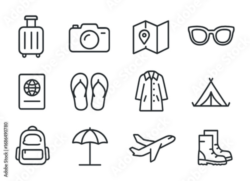 Travel Icons Grid. Outline icon set of travel seasonal collections: suitcase, camera, map, sunglasses,