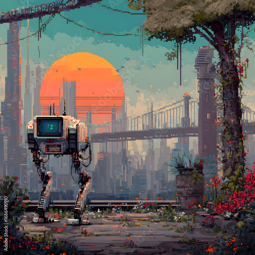 Futuristic Robot in Pixel Art Style with a Colorful City and Sunset Background