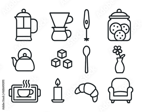 Weekend Coffee Icons. Outline icon set of weekend coffee rituals: French press, pour-over dripper, milk