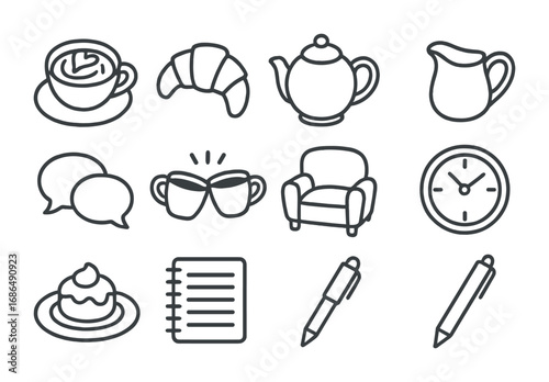 Coffee Chat Icons. Outline icon set of casual coffee conversations: cappuccino, croissant, teapot, milk jug,