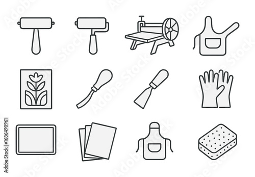 Printmaking Studio Icons. Outline icon set of printmaking studio: ink roller, brayer, printing press, linoleum
