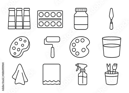 Painting Supplies Icons. Outline icon set of painting supplies: acrylic tubes, watercolor set, oil paint jar,
