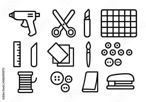 Craft Workshop Icons. Outline icon set of craft workshop: hot glue gun, scissors, craft knife, cutting mat,
