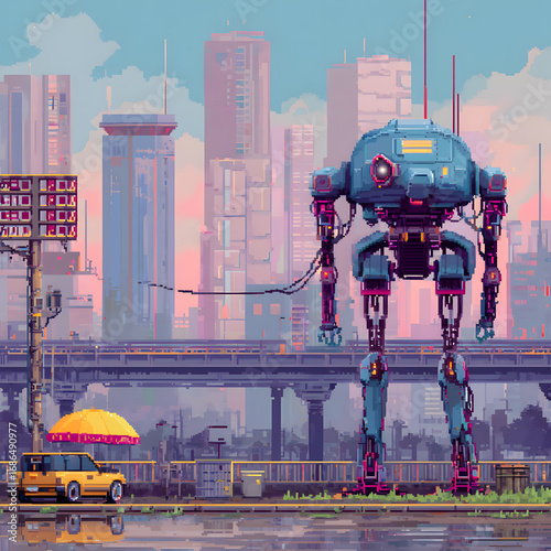 Futuristic Robot Standing in a Neon Cityscape with Vibrant Pixel Art and Urban Elements