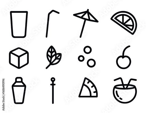 Summer Mocktail Icons. Outline icon set of summer mocktails: tall glass, straw, umbrella, citrus wedge, ice