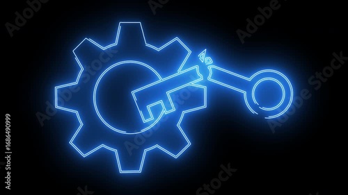 gear icon and broken key icon with neon glowing effect