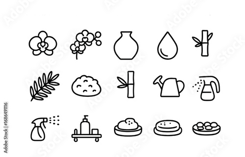 Orchid Icon Set. Outline icon set of orchids in humid bathrooms: orchid bloom, orchid stem, ceramic vase,