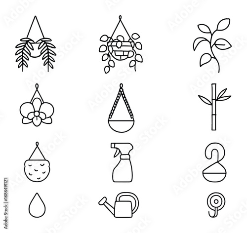 Hanging Greenery Icons. Outline icon set of hanging greenery: hanging fern, ivy basket, pothos vine, orchid