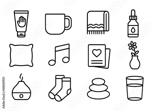 Workplace Self-Care Icons. Outline icon set of workplace self-care: hand cream, tea mug, cozy blanket,