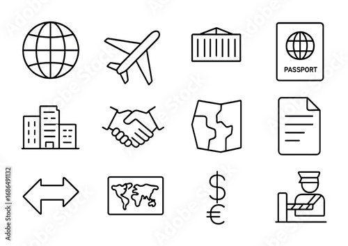 Cross-Border Merger Icons. Outline icon set of cross-border mergers: globe, airplane, shipping container,