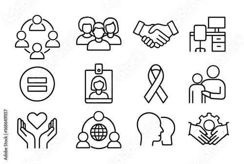 Inclusivity Icon Set. Outline icon set of workplace inclusivity in branding: teamwork circle, diverse