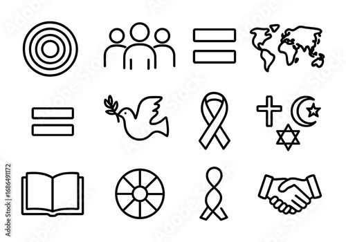 Diversity Icon Set. Outline icon set of diversity and inclusion: rainbow circle, group of people, equal sign,