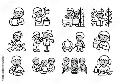 Children's Autumn Harvest Icons. Outline icon set of children at harvest time: kids with pumpkin, apple