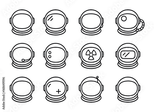 Astronaut Gear Icons. Outline icon set of astronaut helmet designs: visor shield, reflective glass, breathing